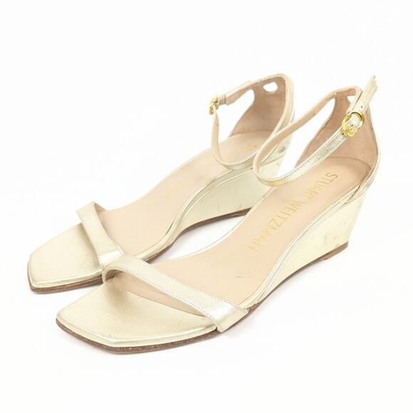 Stuart Weitzman Gold Nudistcurve Metallic Leather Wedge Sandals Size 7.5 - Picture 2 of 10